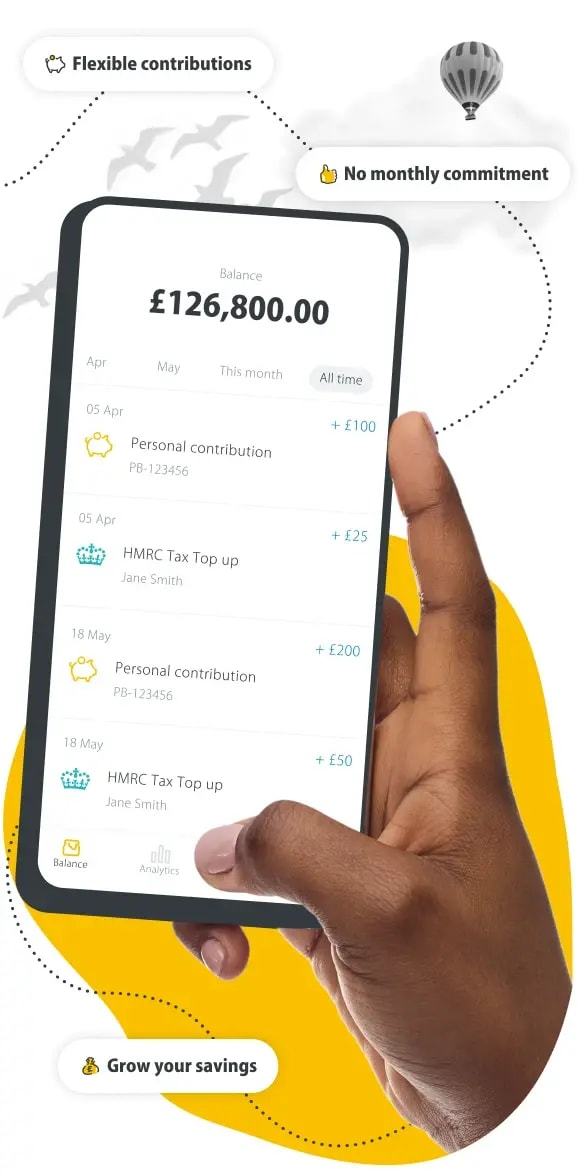 A phone displaying the PensionBee balance tab