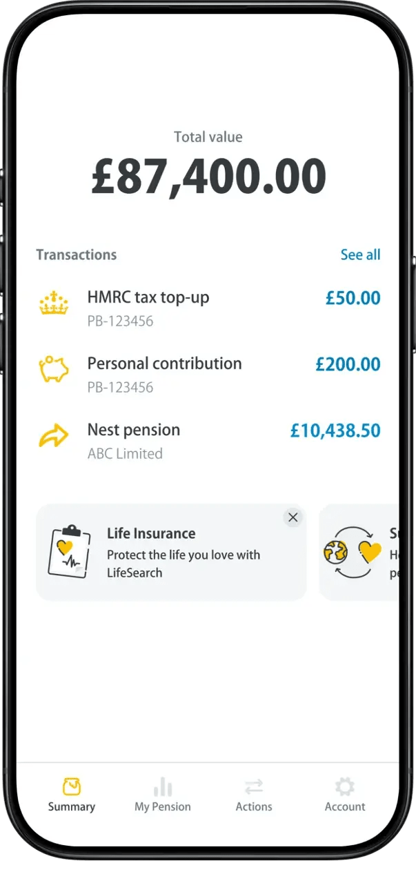 A phone displaying the PensionBee balance with contribution and pension transfer