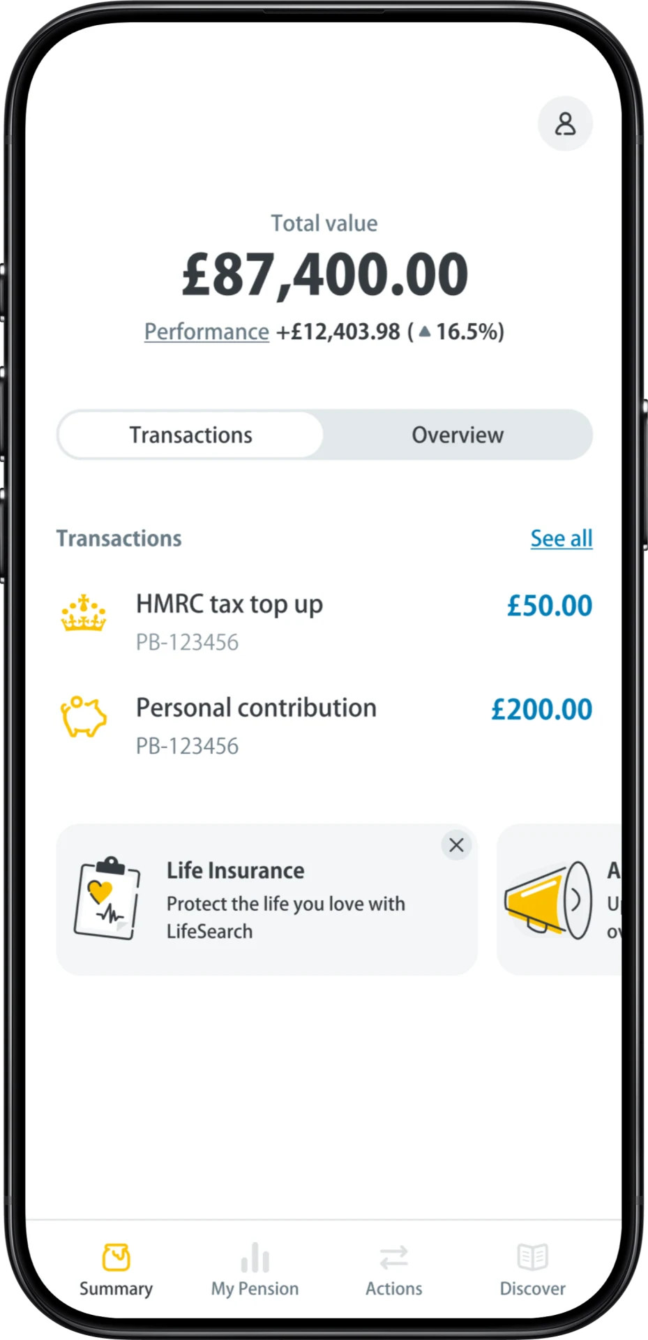 A phone displaying the PensionBee balance tab