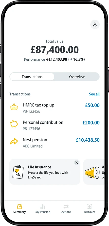 A phone displaying the PensionBee balance with contribution and pension transfer