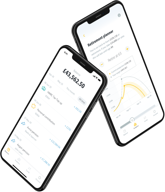two smartphones indicating a PensionBee balance and retirement planner