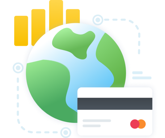 an image of a globe, a bar chart and a bank card