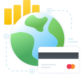 an image of a globe, a bar chart and a bank card