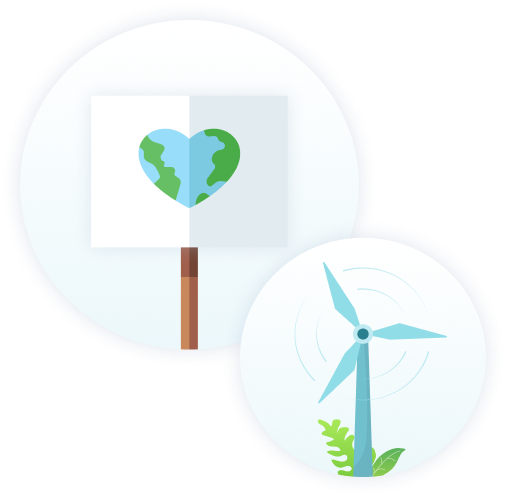 an image of a placard with a heart shaped globe and a seperate image of a wind farm