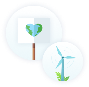 an image of a placard with a heart shaped globe and a seperate image of a wind farm