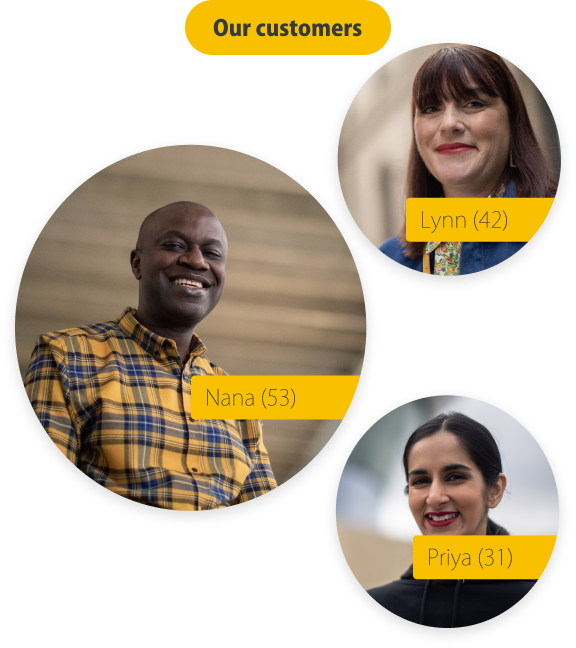 three images of PensionBee customers. Lynn aged 42, Nana aged 53 and Priya aged 31