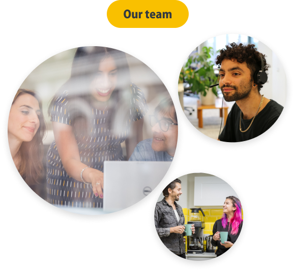 an image of a PensionBee BeeKeeper taking a call, three colleagues collaborating over a laptop and two colleagues smiling in the PensionBee office