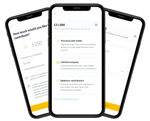 three smartphones indicating PensionBee's contribution product
