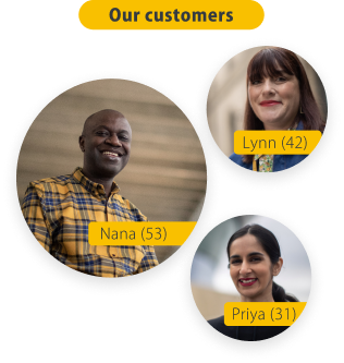 three images of PensionBee customers. Lynn aged 42, Nana aged 53 and Priya aged 31