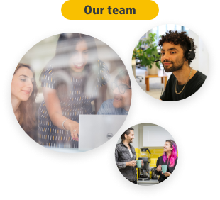 an image of a PensionBee BeeKeeper taking a call, three colleagues collaborating over a laptop and two colleagues smiling in the PensionBee office