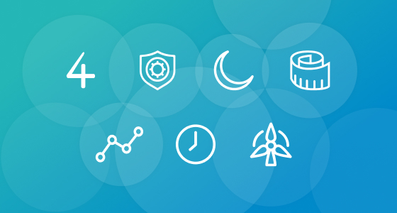 Blue background with seven icons drawn in a white outline