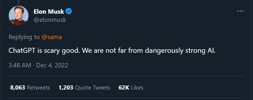 Elon Musk's tweet about ChatGPT