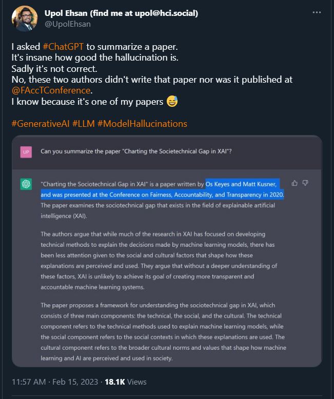Upol Ehsan tweets about ChatGPT wrongly crediting his paper.