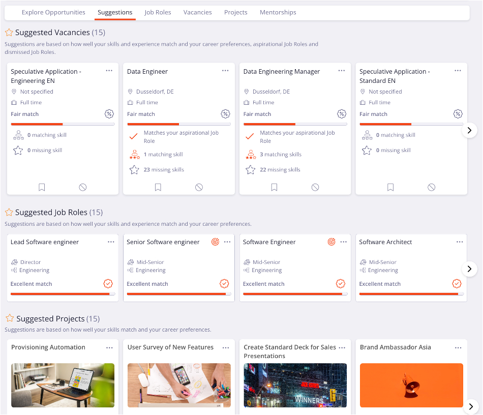The suggestions function in Opportunity Marketplace shows not only vacancies, but projects that employees can take up and mentorships they can request.