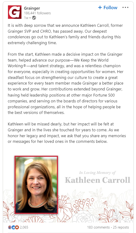 the former SVP and CHRO of Grainger Kathleen Carroll has sadly passed away