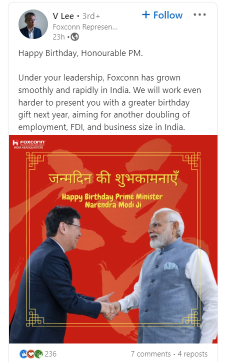 Foxconn wishing Prime Minister Narendra Modi Birthday