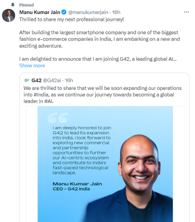 G42.ai expands enters India tech sector under the leadership of Manu Kumar Jain as CEO