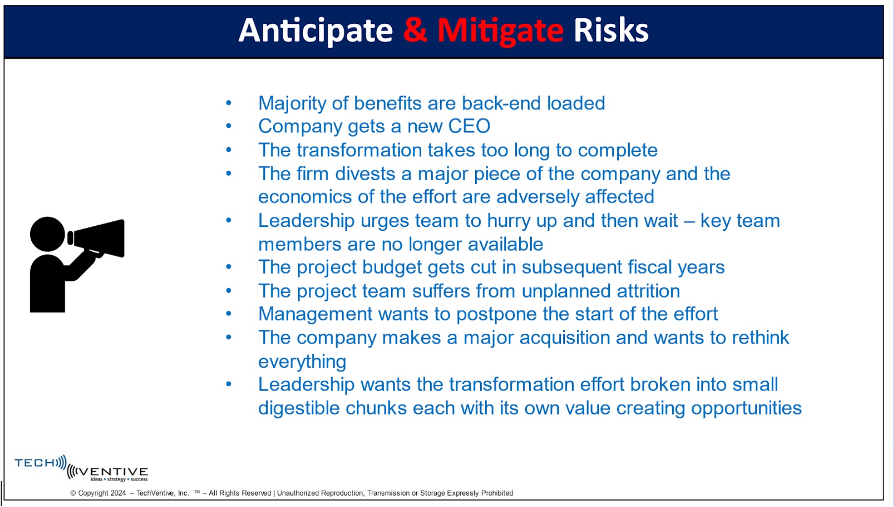 A list of risks that transformation leaders should anticipate and seek to mitigate. Copyright TechVentive, 2024.