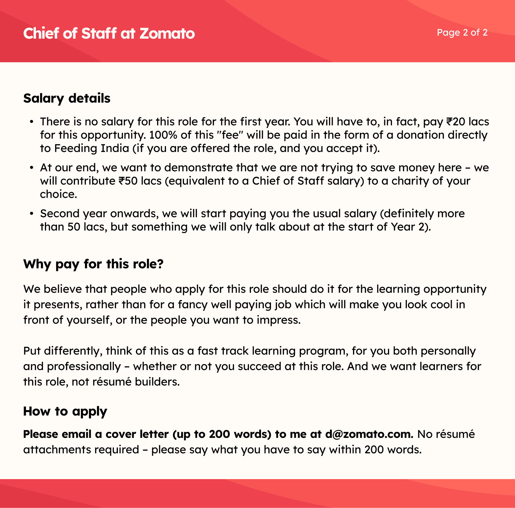 Deepinder Goyal Chief of Staff hiring 
