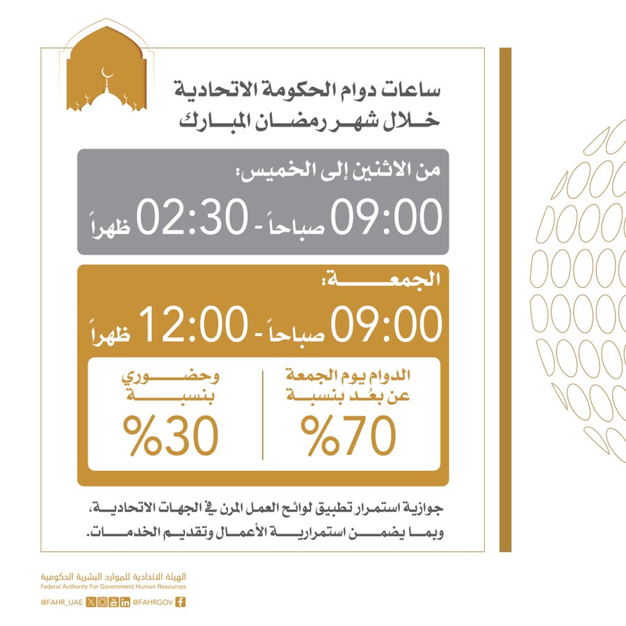 UAE Ramadan 2025 working hours reduced for federal workers