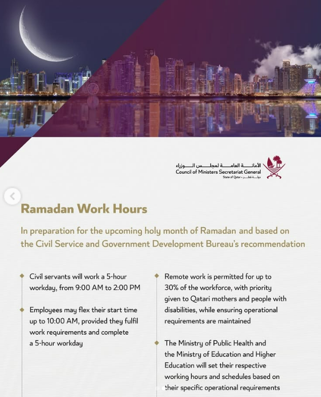 Qatar working hours during Ramadan 2025, for public and private sector employees