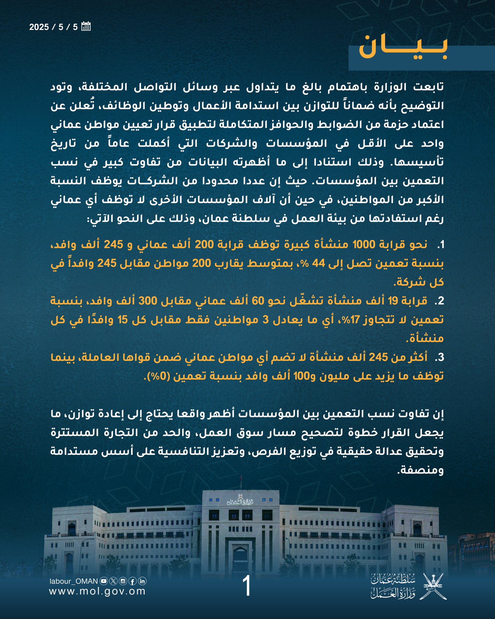 Oman total expat workers and Omani workers in the private sector