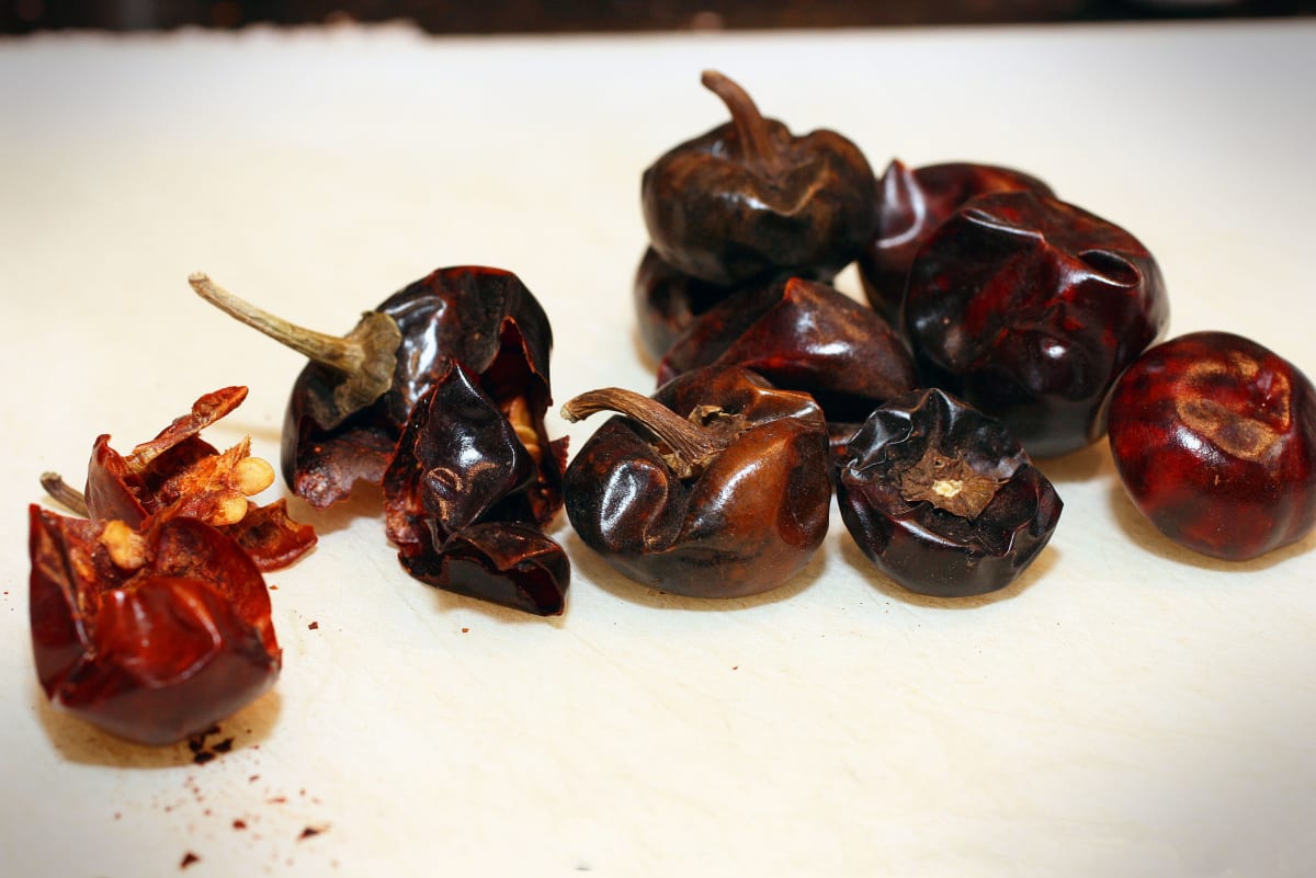 Dried cascabel chili peppers. Photo taken with a Canon EOS Digital Rebel XTi digital camera.