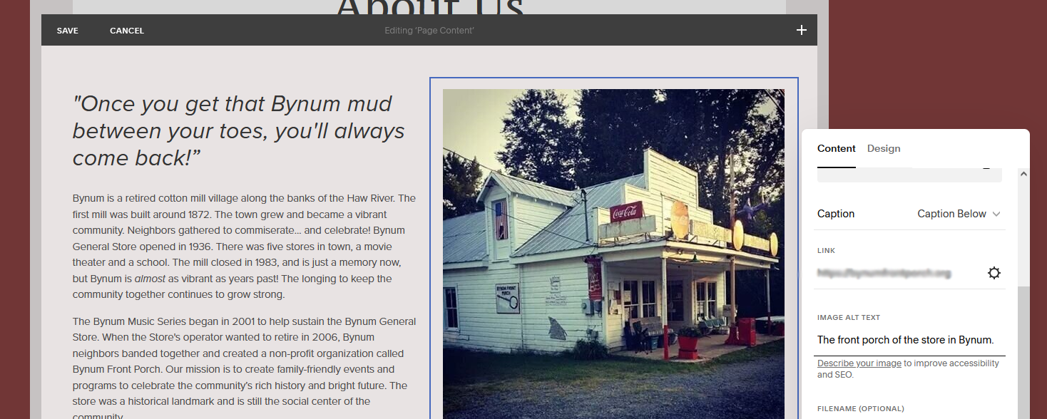 screenshot of Squarespace to show where the alt text should go