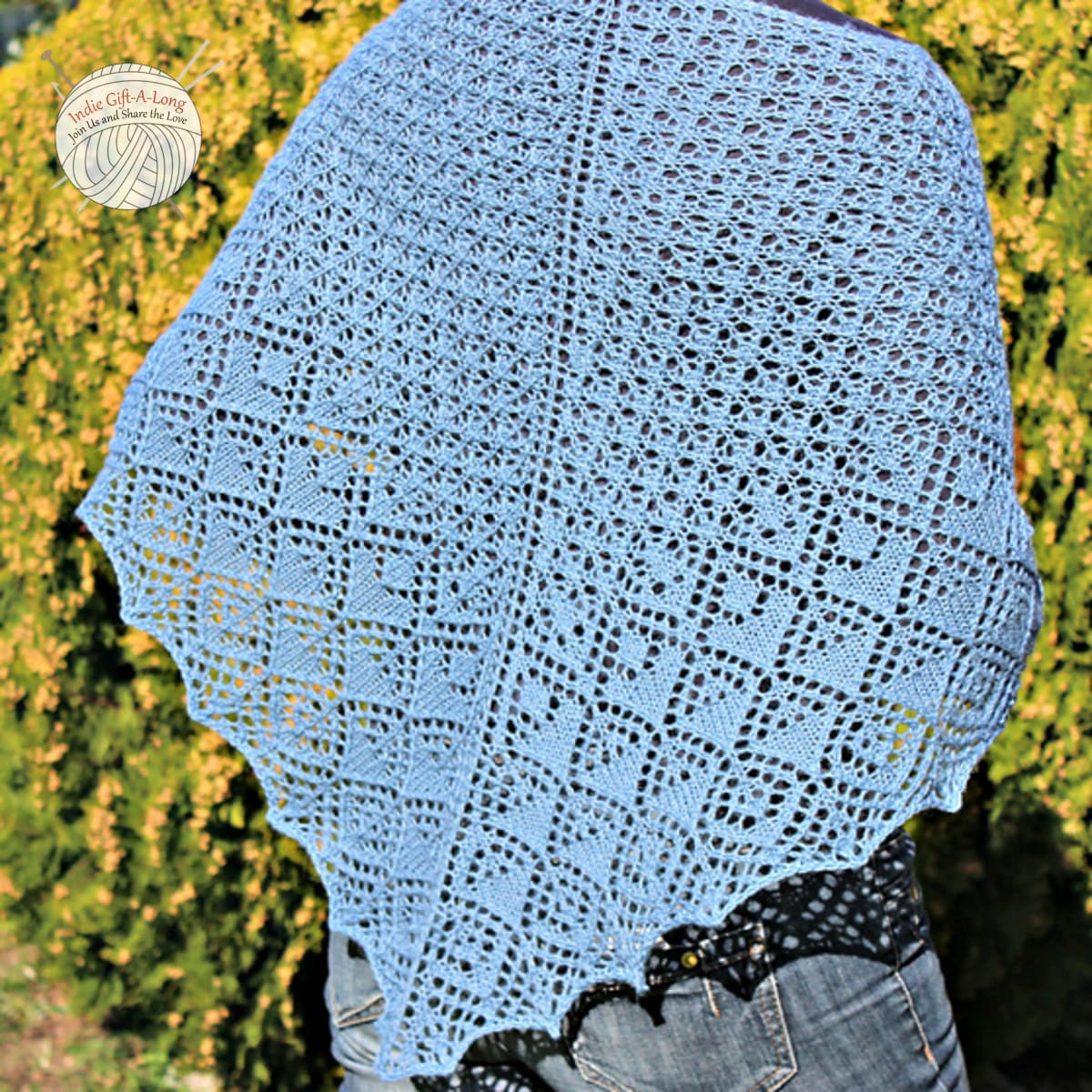 Woman wearing blue knitted shawl with all-over lace details.