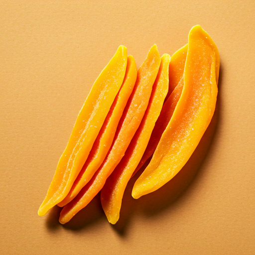 Stacks of bright orange dried mango slices on a light beige background with dramatic minimalist shadows - Thumbnail 3