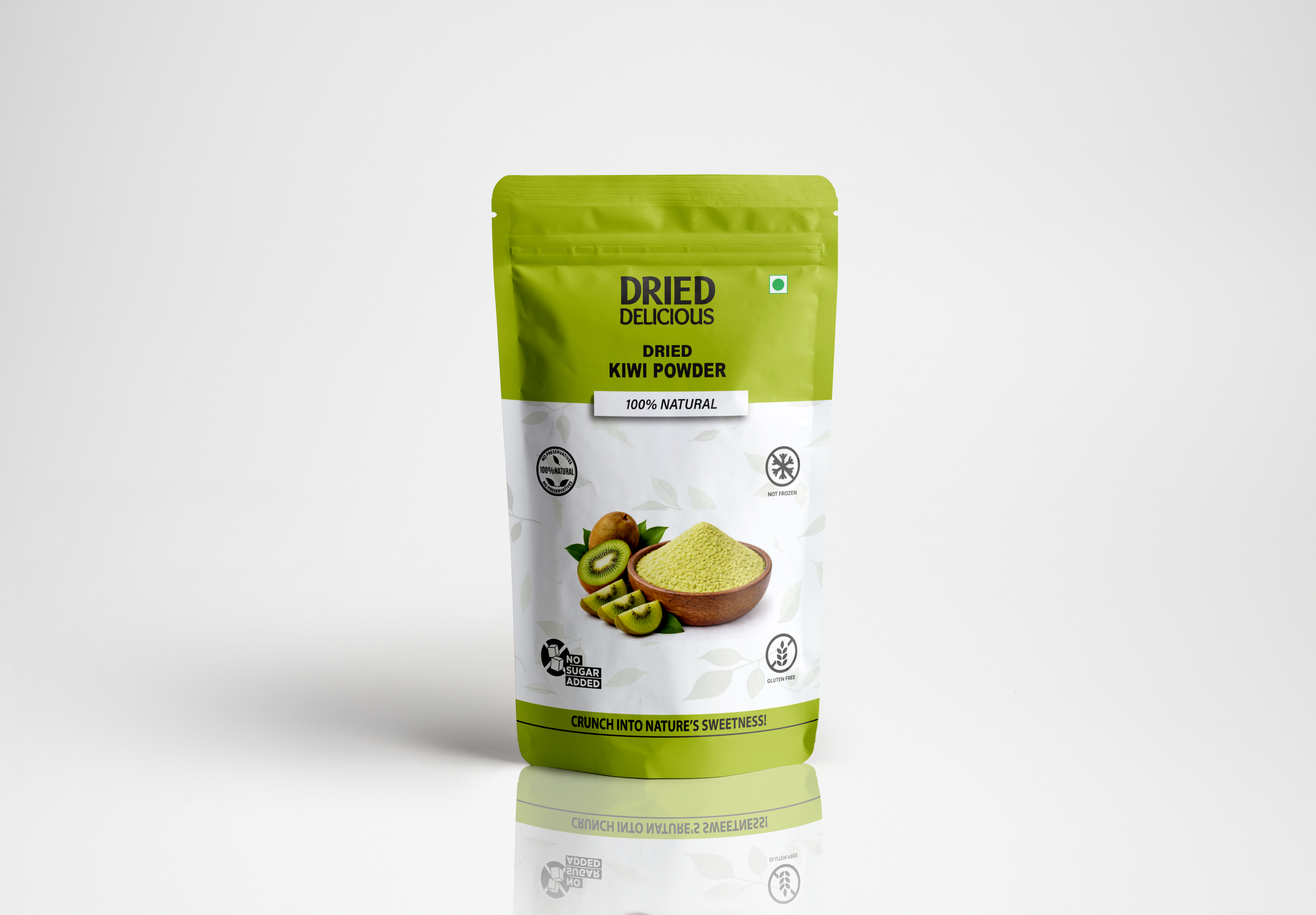 Vibrant green kiwi powder in a small bowl with fresh kiwi slices nearby, showing fine texture and natural color