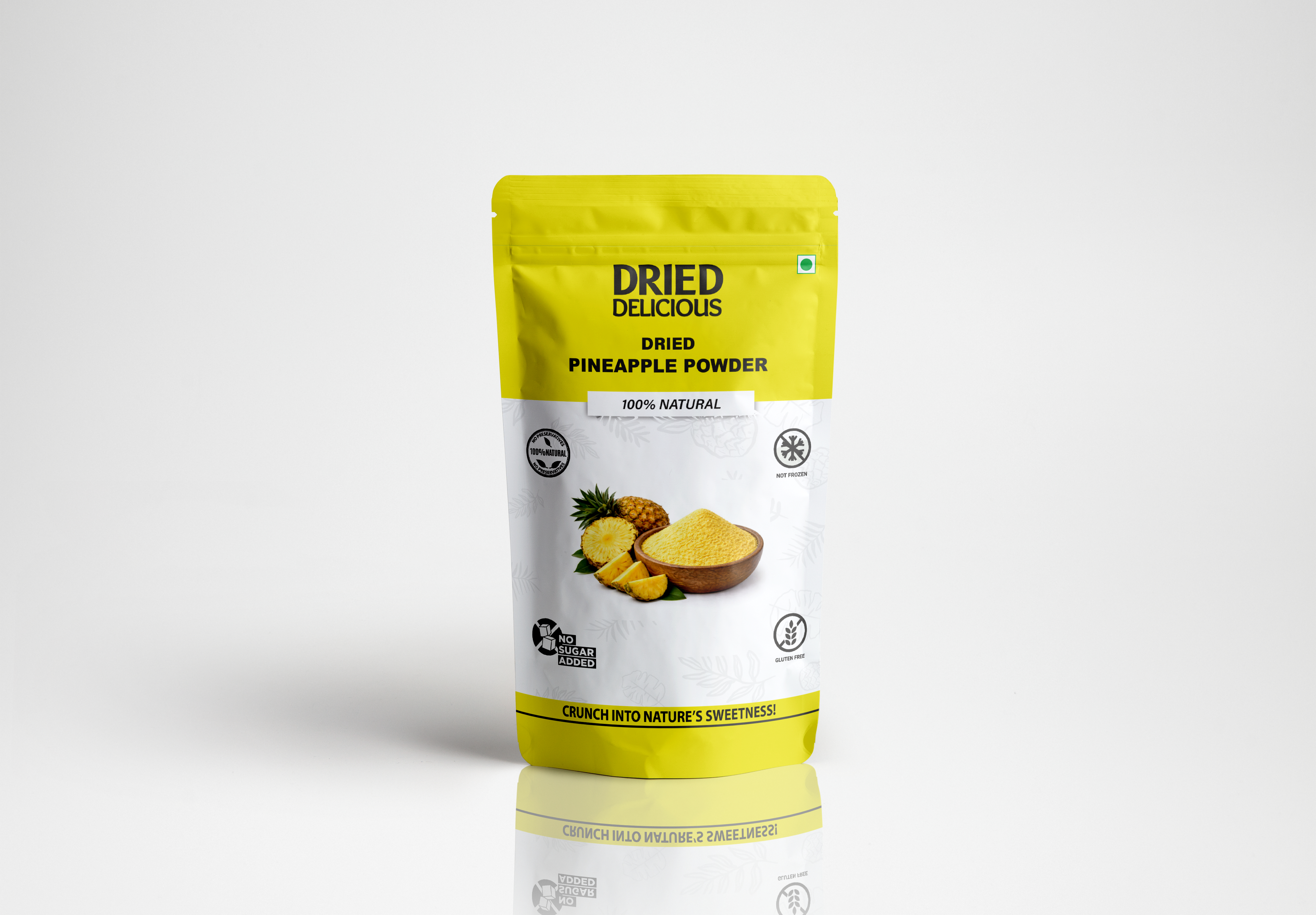Bright yellow pineapple powder in a ceramic bowl with tropical styling, showing fine granular texture and natural color