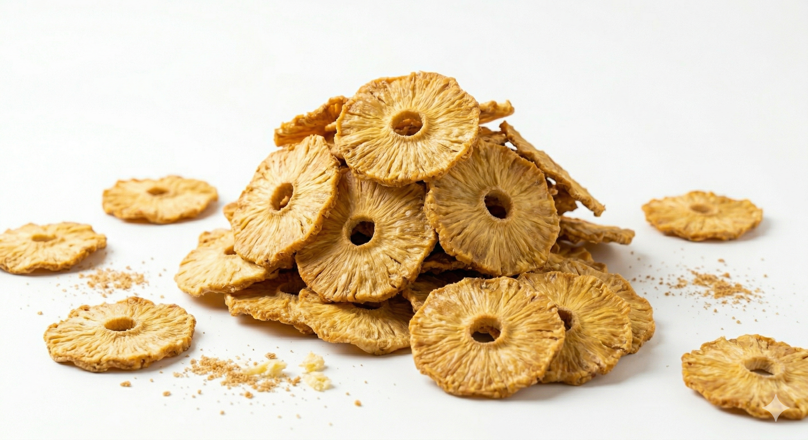 Golden yellow dried pineapple chips arranged on a light beige background with soft natural lighting, showing tropical fruit texture - Thumbnail 3