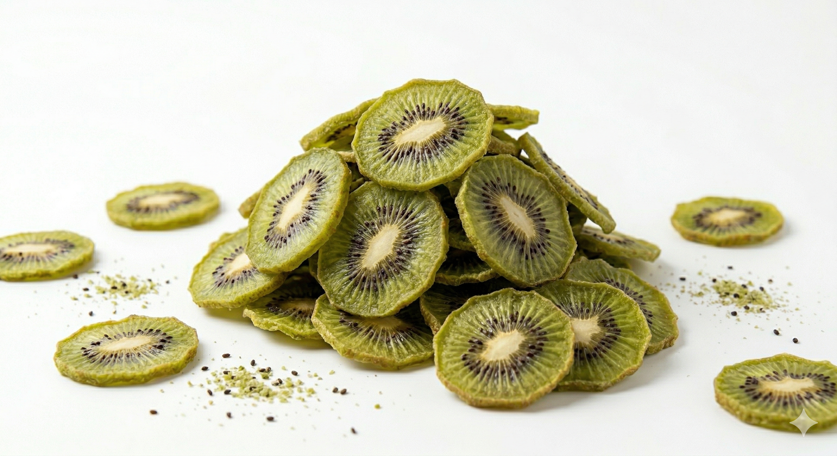 Vibrant green dried kiwi chips with tiny black seeds displayed on a light beige background, showcasing natural fruit texture - Thumbnail 3