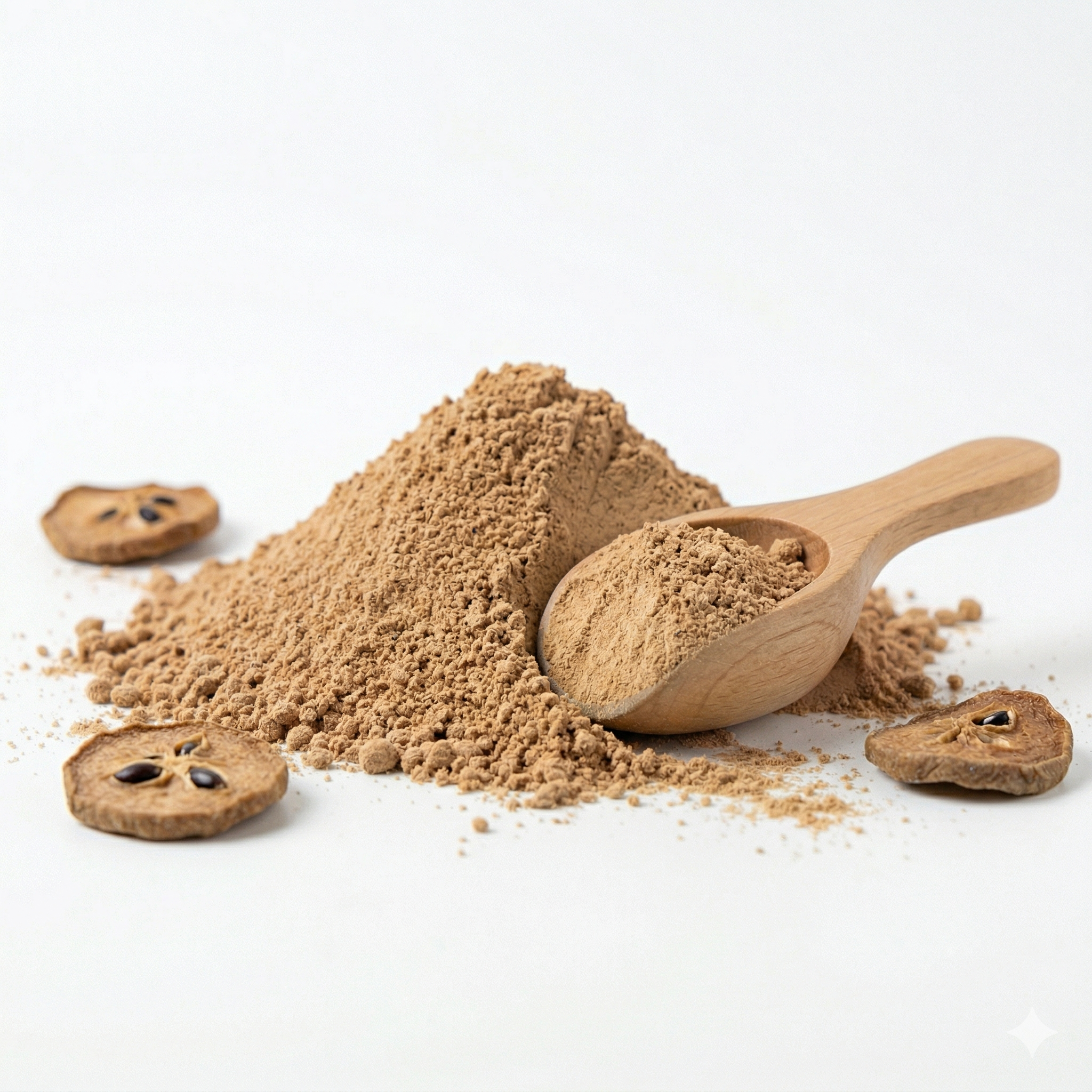 Fine caramel-brown chikoo powder in a wooden spoon with scattered powder on natural surface, showing smooth texture - Thumbnail 3