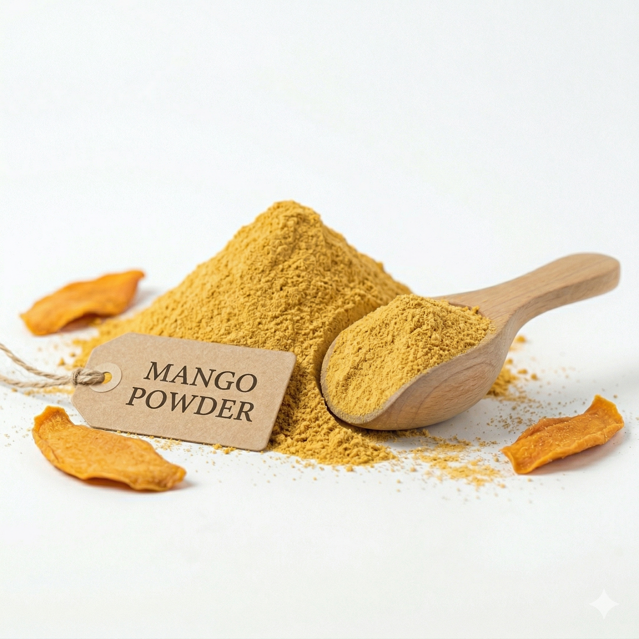 Golden orange mango powder in a wooden bowl with dried mango slices, showing fine texture and tropical appeal - Thumbnail 3
