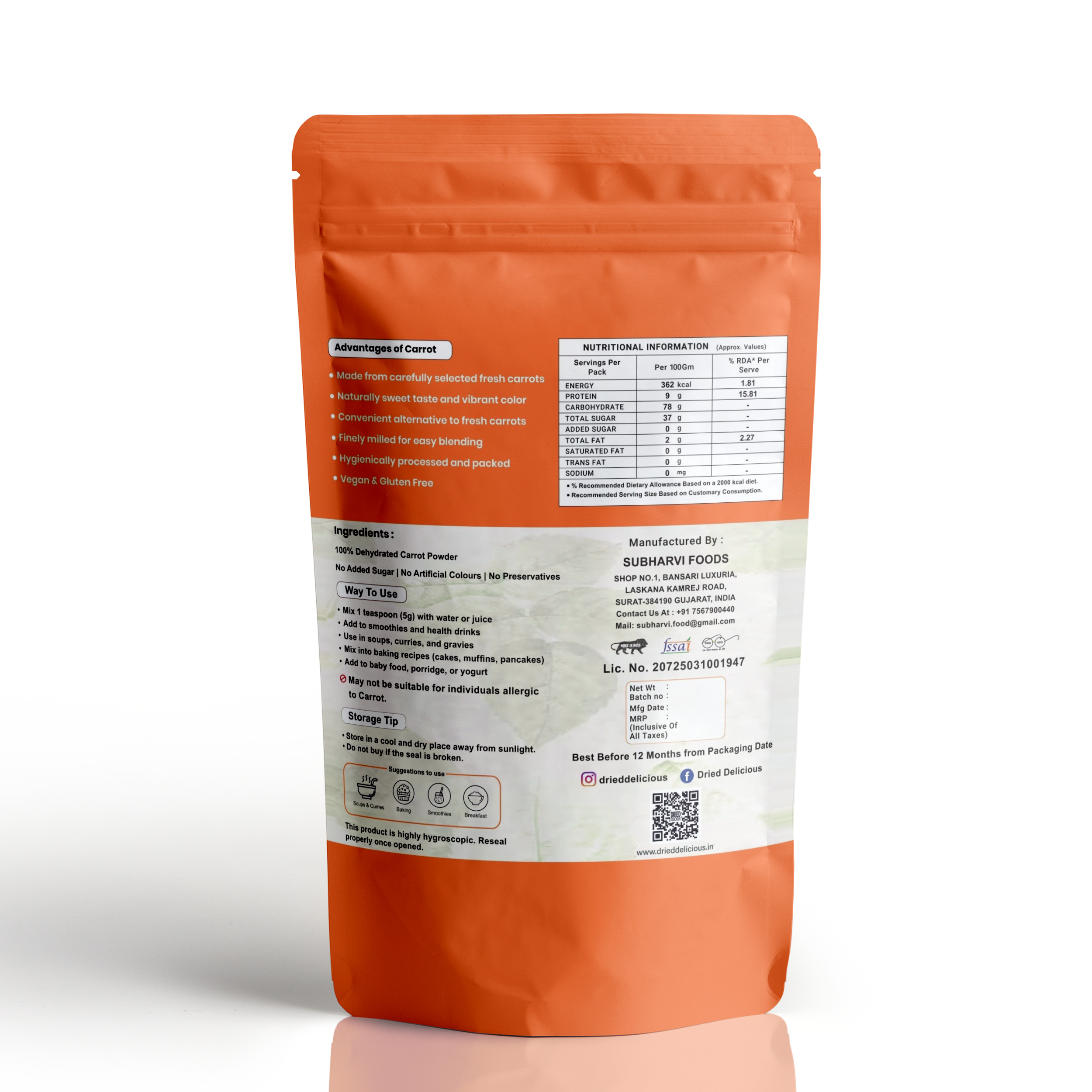 Dried Delicious Dried Carrot Powder, 100% Natural, No Sugar Added, Gluten Free, Not Frozen,200gm - Thumbnail 2