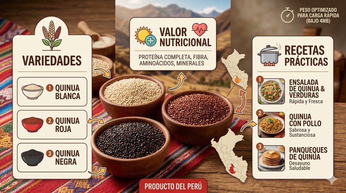 Variedades de quinua peruana: blanca, roja y negra