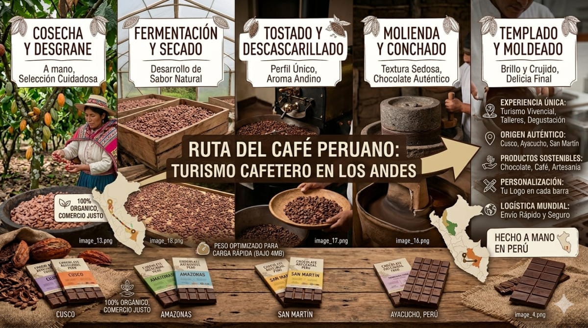 Granos de café cereza maduro en una finca de altura en los Andes peruanos con montañas al fondo