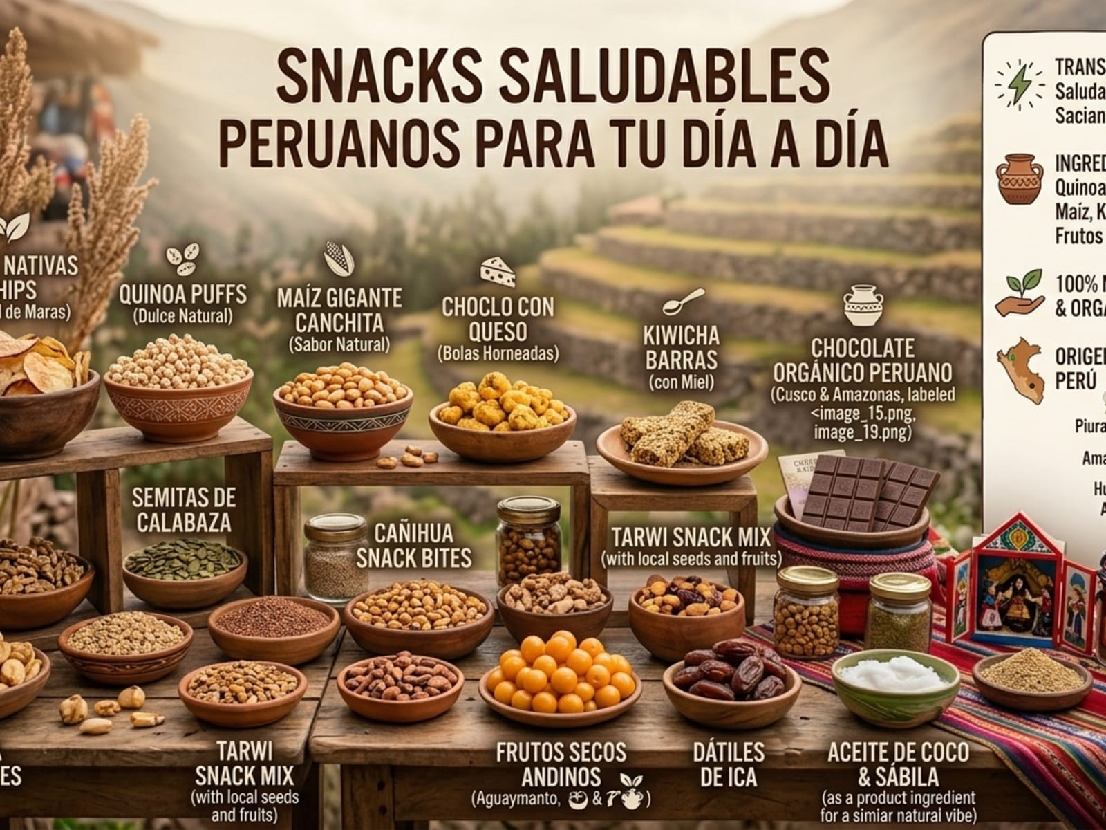 Variedad de snacks saludables peruanos