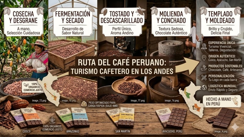 Granos de café cereza maduro en una finca de altura en los Andes peruanos con montañas al fondo