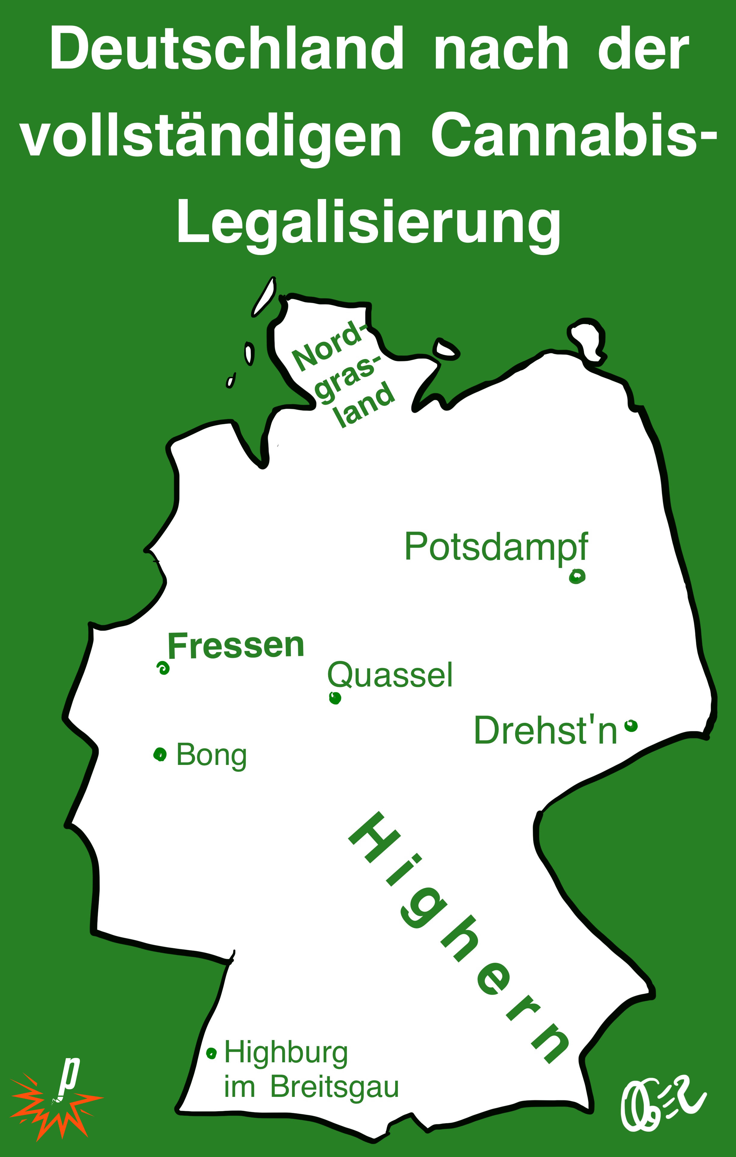 Deutschlandkarte mit Überschrift "Deutschland nache der vollständigen Cannabis-Legalisierung", mit Ortsnamen wie Nordgrasland, Potsdampf, Fressen, Bong und Highburg im Breitsgau.