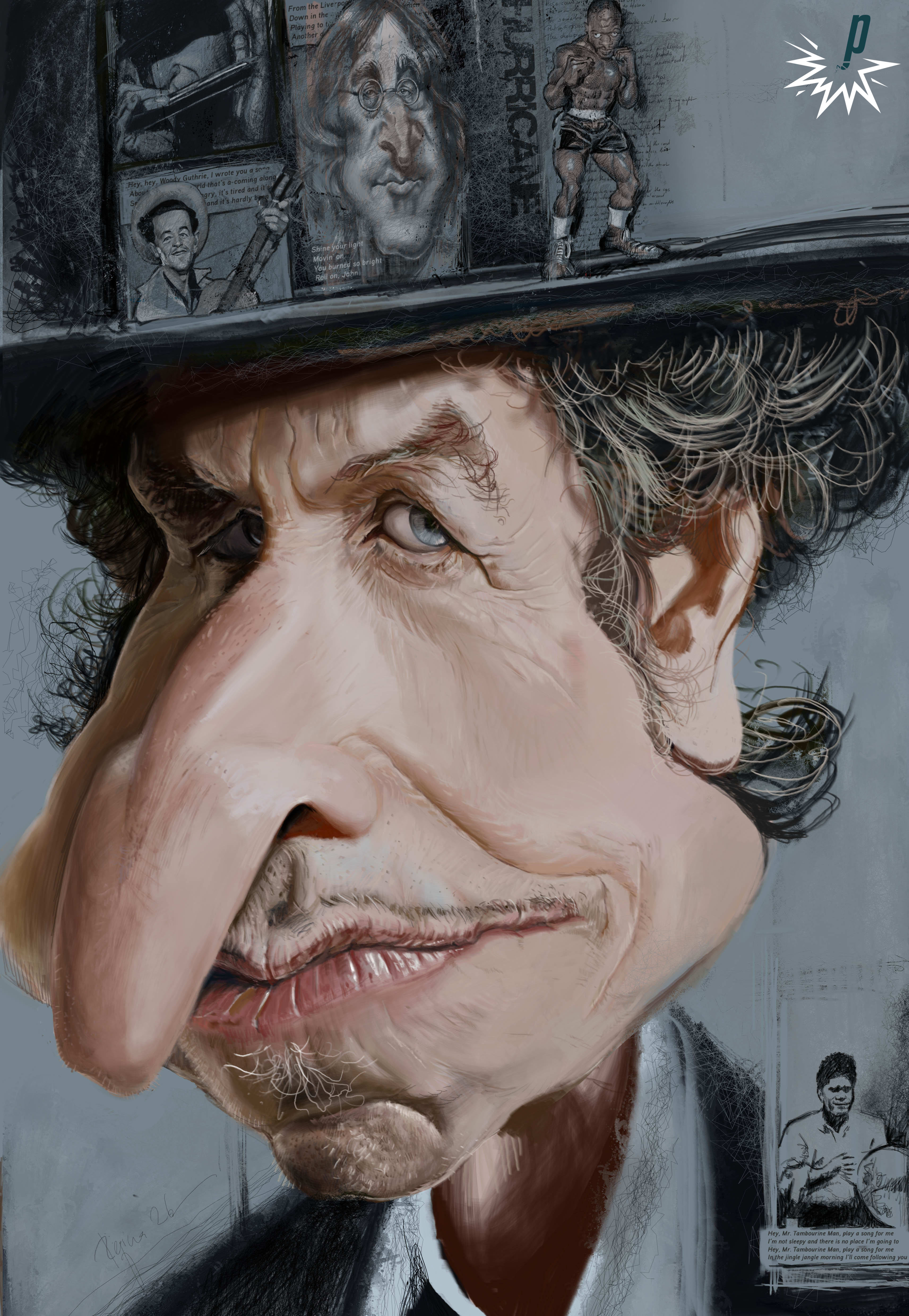Karikatur von Bob Dylan von Regina Vetter, gesehen bei Petarde