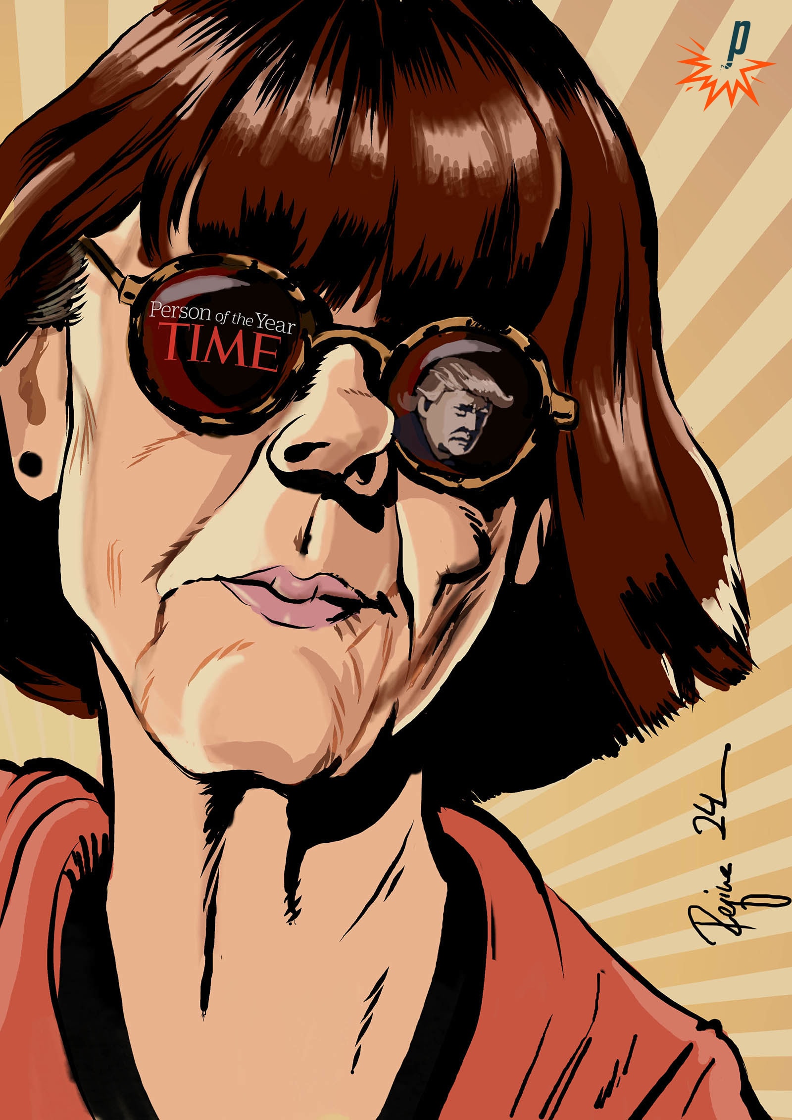 Karikatur der Französin von Gisele Pelicot in heldenhaftem Stil, in deren brille sich der Schriftzug "Person of the year" und Donald Trump spiegeln