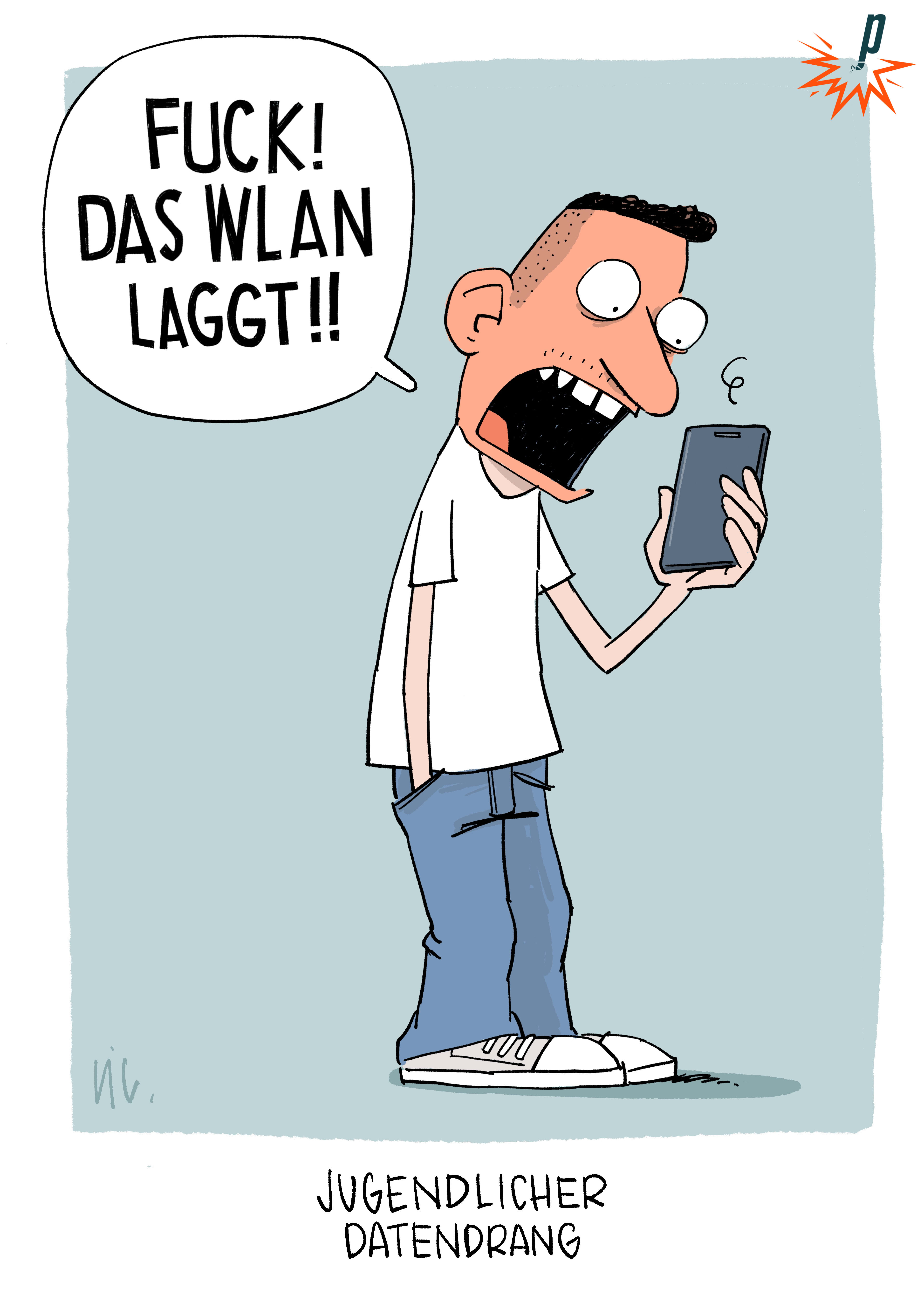 Jugendlicher hat Datendrang, weil das WLAN nicht richtig funktioniert.