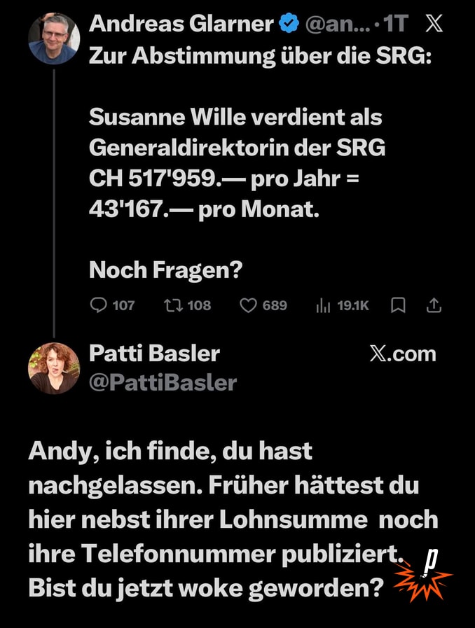 Andreas Glarner auf X und Patti Baslers Antwort, gesehen bei Petarde