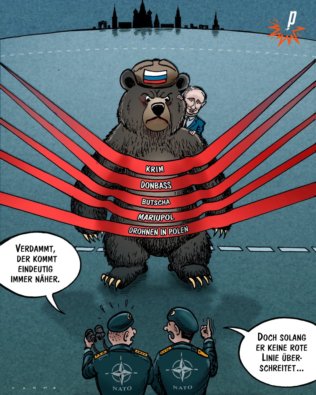 Cartoon zeigt den russischen Bären, der die roten Linien nicht überschreitet, sondern vor sich her Richtung Westen schiebt.