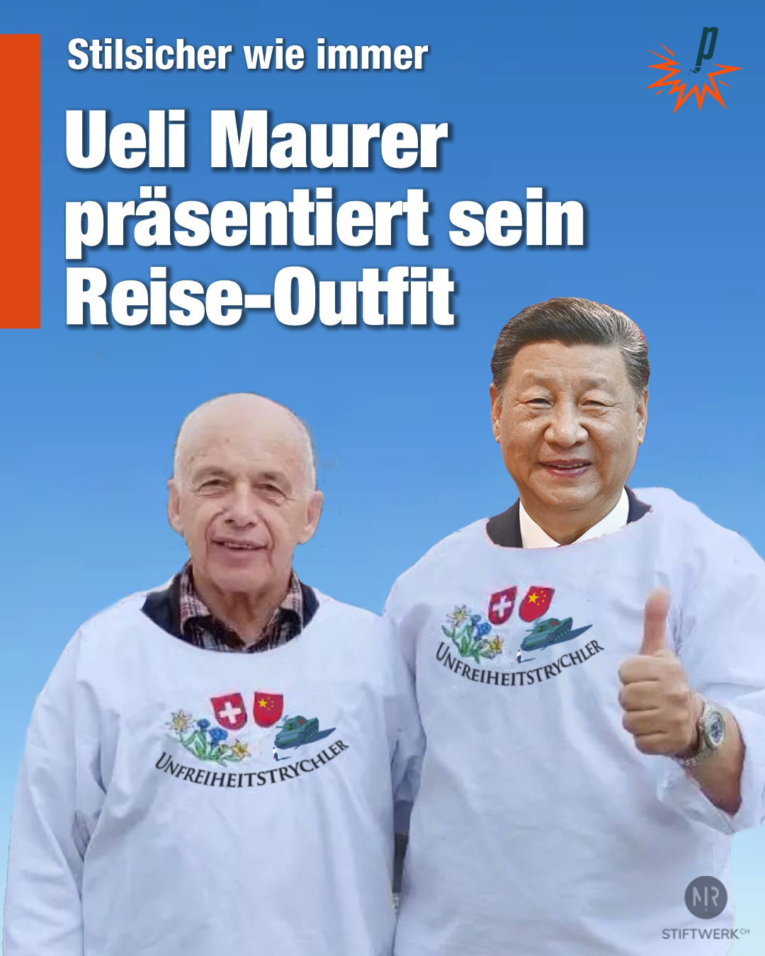 Ueli Maurer präsentiert sich im "Unfreiheitstrychler"-Shirt für seine Chinareise.