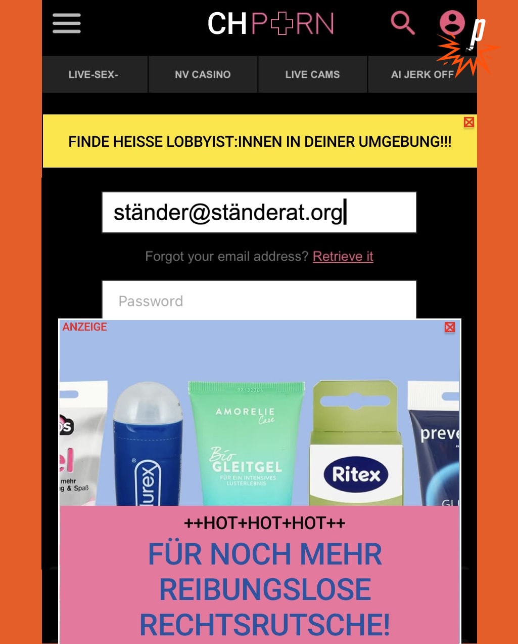 Login-Bereich der fiktiven Pornoseite CHPorn. Login: ständer@ständerat.org. Werbung: Finde heisse Lobbyist:innen in deiner Umgebung!!! Werbung 2: Gleitgel – „Für noch mehr reibungslose Rechtsrutsche!“
