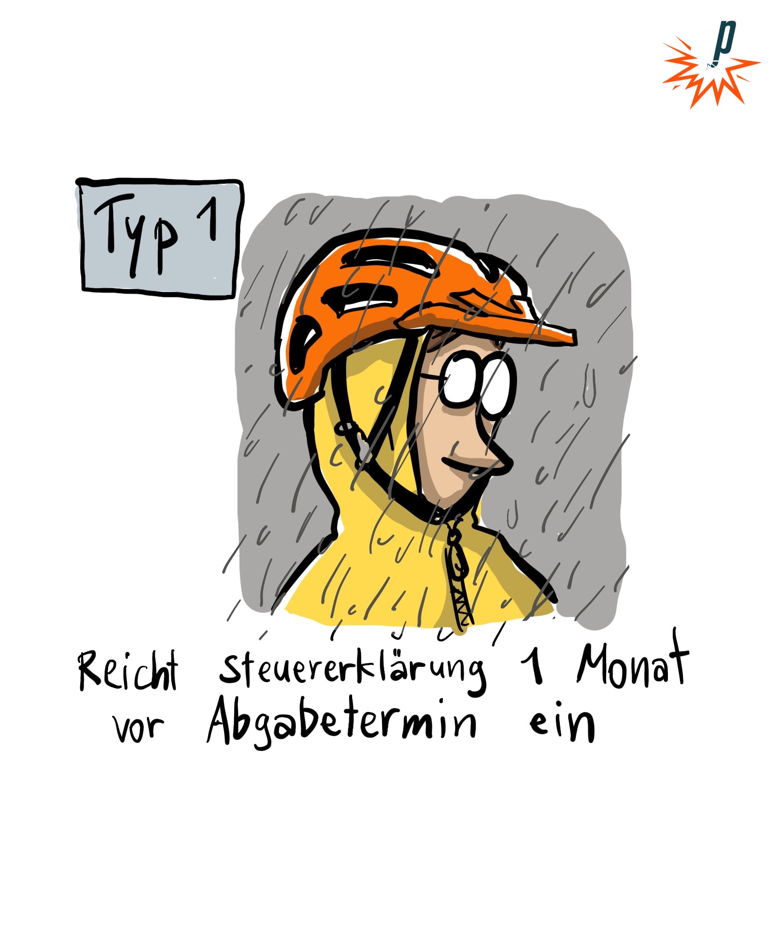 Typ 1: Cartoon eines Menschen im Regen, der den Fahrradhelm über der Kapuze seiner Regenjacke trägt. Unterzeile: "Reicht Steuererklärung 1 Monat vor Abgabetermin ein"